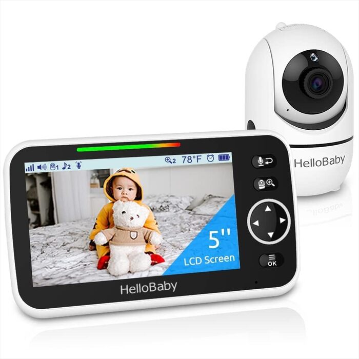 Відеоняня HelloBaby з 5-дюймовим екраном, розділеним на дві частини, акумулятор 30 годин, поворотна камера з нахилом та зумом, нічне бачення, ECO режим, двосторонній аудіо, 8 колискових, радіус дії 300 метрів, HB6550