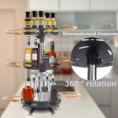 Організатор для спецій, поворотний на 360°, 3 яруси, з нержавіючої сталі, чорний