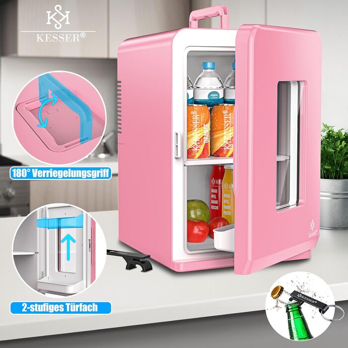 KESSER® Міні холодильник-термобокс 15L 2в1: охолодження та нагрівання, AC/DC, для авто, офісу, дому, кемпінгу (рожевий)