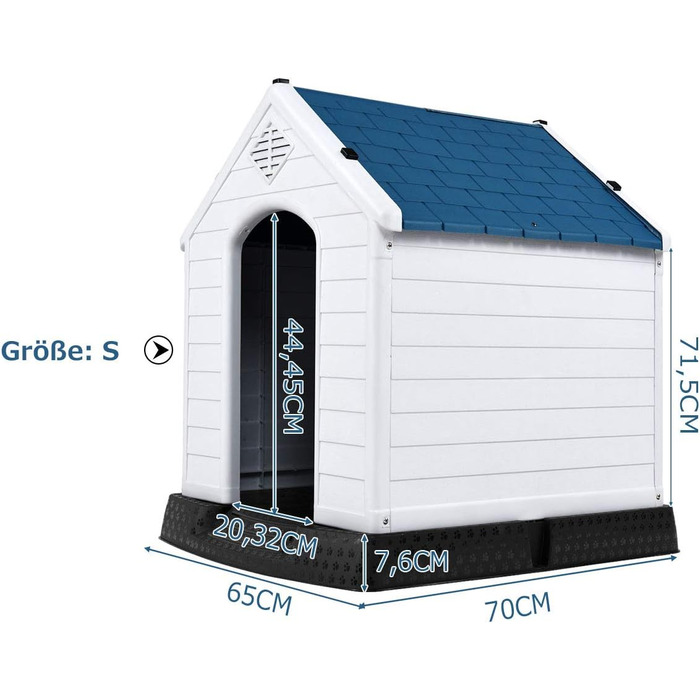 GYMAX Будка для собак на вулицю з похилим дахом та піднятим дном, пластикове собаче будиночок, вологостійка собача будка в стилі кантрі (Білий + Синій, 72,5 x 66 x 70,5 см)