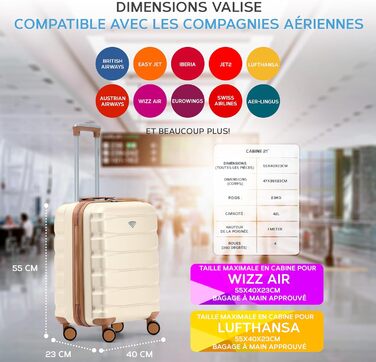 Чоткий валіза Flight Knight 4-колісний, жорсткий, ручна поклажа, 56x45x25 см (TSA), кремовий/бежевий