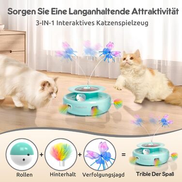 GoldenSun Cat Toy, 3 in 1 Electric Interactive Automatic Toy for Cats, Whack-A-Mole, Fluttering Butterfly, includes Ball, USB Rechargeable Cat Teaser with 6 Attachments (Green)