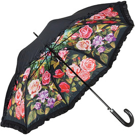 VON LILIENFELD Ruffled Umbrella - Floral Design | Black & Printed Interior | Auto Open | Windproof & Sturdy | Women's & Men's Umbrella
