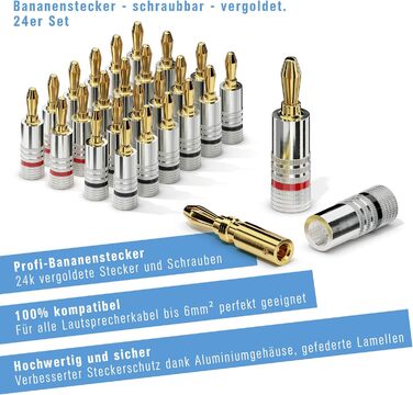 Набір позолочених бананових роз'ємів Sonero S-SC000-24 (24 шт), для акустичних кабелів до 6мм², High-End, червоні та чорні