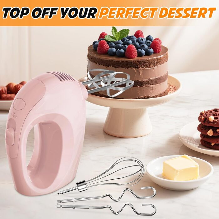 Електричний міксер ручний з 5 швидкостями, CX-6613, білий/рожевий. В комплекті: вінчик, міксер, гаки для тіста (нержавіюча сталь), миється в посудомийній машині