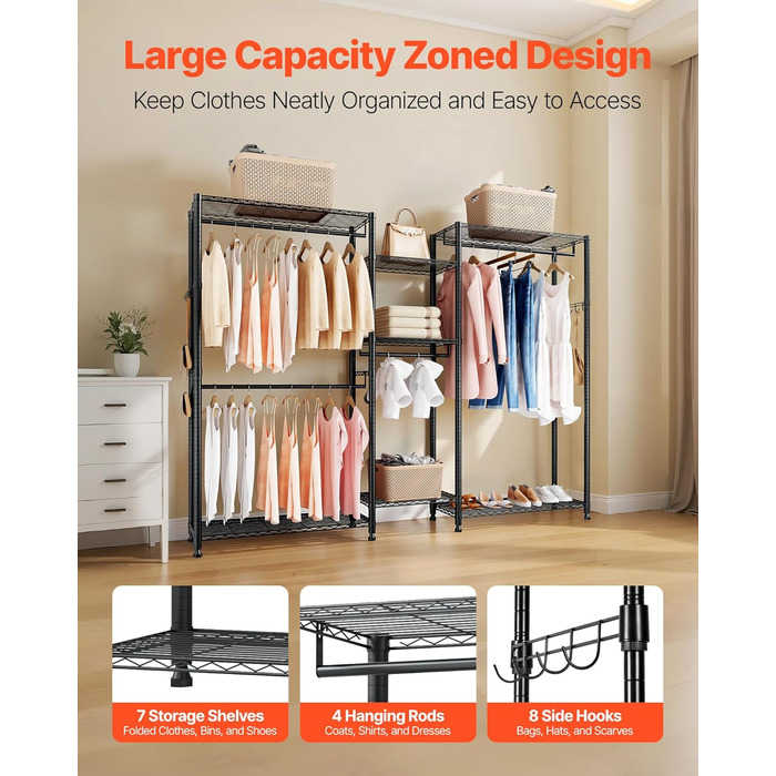 Стійка для одягу VEVOR з 4 перекладинами, 7 полицями та 8 гачками – міцна конструкція (385,5 кг) для спальні, магазину одягу, прихожої