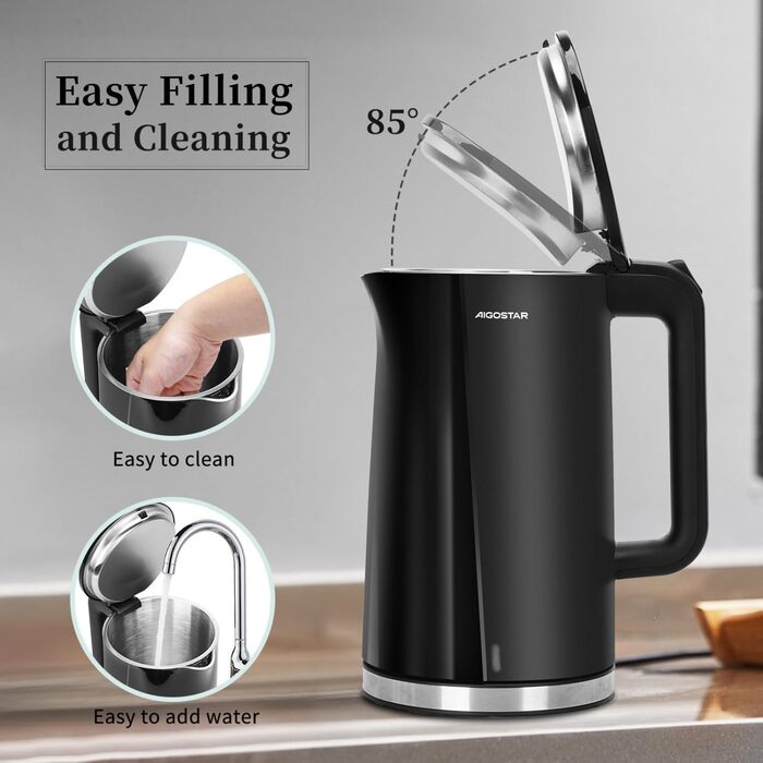 Електричний чайник Aigostar 1.7л, чорний матовий, нержавіюча сталь, 2200W, з подвійними стінками, автоматичне відключення, BPA Free, для кухні та офісу