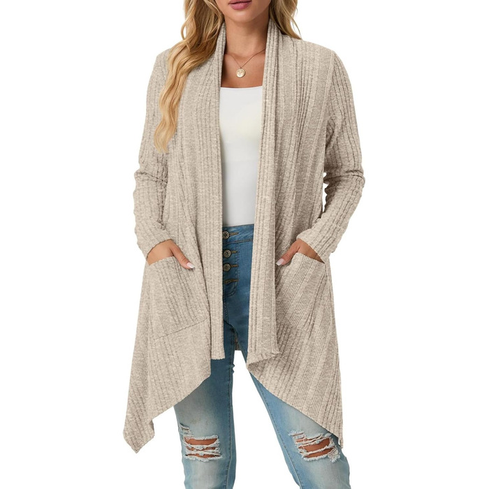 Жакет GRECERELLE з довгими рукавами, легкий в'язаний кардиган з кишенями, м'який, з асиметричним кроєм (S, Бежевий)