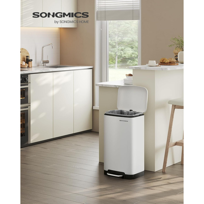 Відро для сміття SONGMICS кухонне 30 л, сталеве з педаллю, біле (LTB001A01) - м'яке закриття, внутрішнє відро
