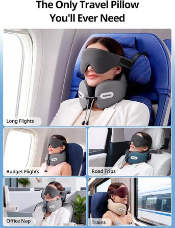 Подушка для шиї у літак з ременем безпеки та 3D маскою для сну, блакитна. Підтримка шиї та голови, високоякісний пінополіуретан, запобігає нахилу голови.