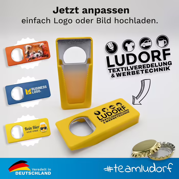Персоналізований жовтий відкривачка для пляшок #teamludorf, 50 шт, з фотодруком, логотипом або текстом – подарунок для пива, відкривачка для пляшок