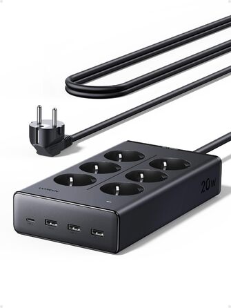Мережевий фільтр UGREEN 10-в-1 з USB, подовжувач з 20W швидкою зарядкою USB-C, захист від перенапруги, 3680 Вт, кабель 1.5 м, для офісу та дому