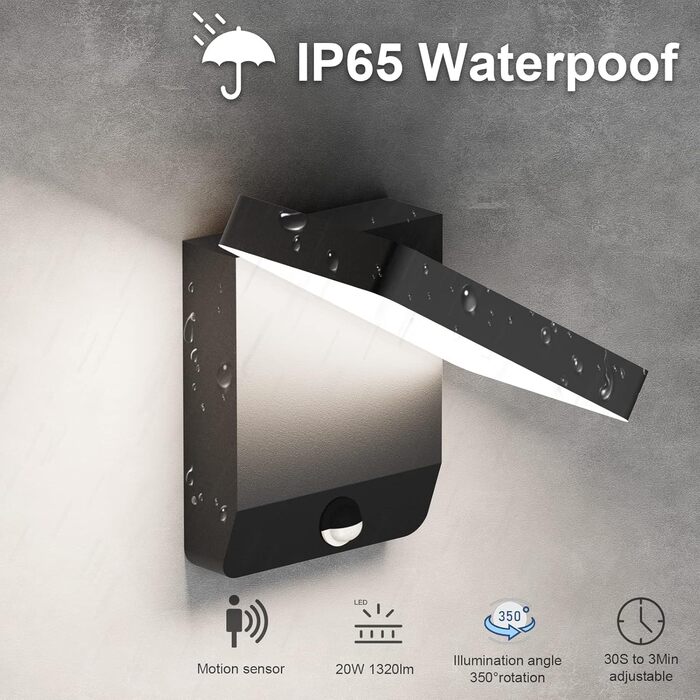 Зовнішнє LED-світильник K-Bright з датчиком руху, водонепроникний IP65, для балкона/саду, темно-сірий (2 шт. чорний, квадратний)
