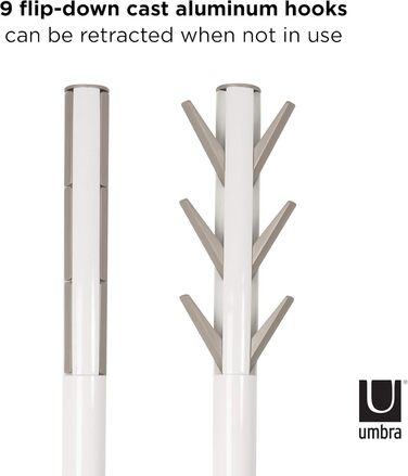 Umbra Flapper Coat Rack – Clothes Rack with 9 Foldable Hooks for Entryway and Office, Wood, White, 57.2 x 57.2 x 165.1 cm, White
