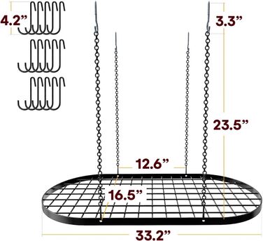 Vdomus Hanging Pot Rack, Heavy-Duty Cast Iron Ceiling Storage, Mounted Kitchen Overhead Pot Holder, Multi-Purpose Kitchen Cookware & Utensil Hanger - 15 Hooks - 84x43 cm