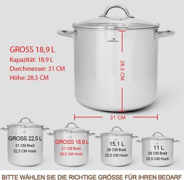 Велика каструля HOMICHEF з нікель-нержавіючої сталі 18,9 л з кришкою, 31 см, індукційна, дзеркальна поліровка