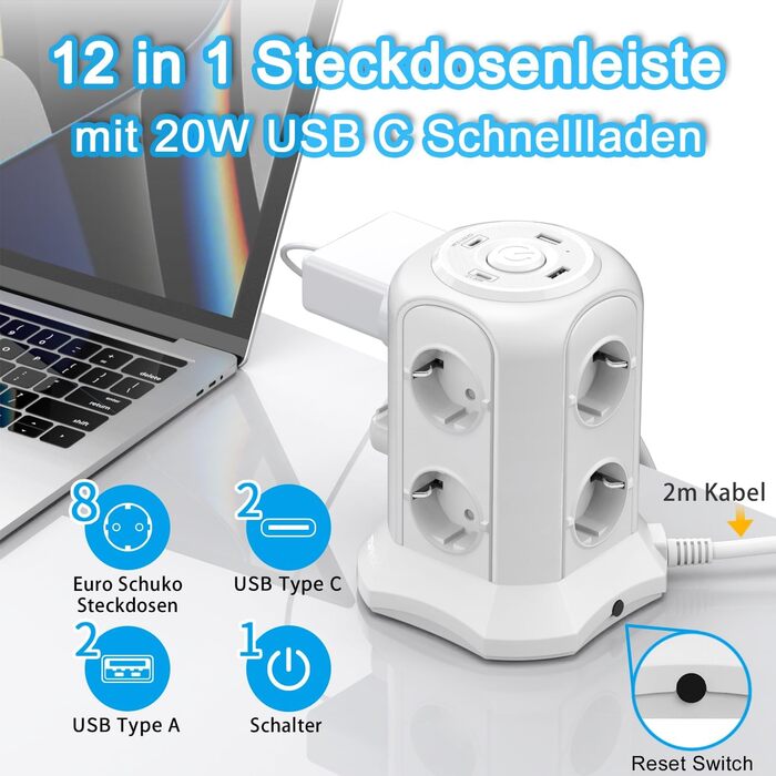 Многорозеткова смуга з USB, 8 розеток, з вимикачем, 4000W/16A, захист від перенапруги, білий кабель 2м