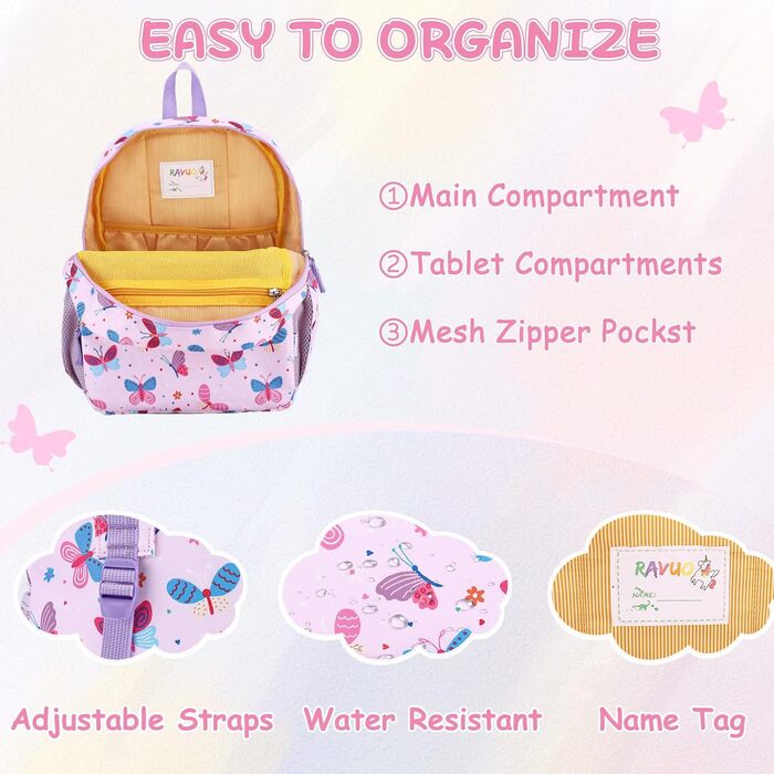 Дитячий рюкзак RAVUO для дівчаток та хлопчиків, шкільний рюкзак з нагрудним ремінцем, милий рюкзак з єдинорогом/динозавром для дітей 3-8 років, рюкзак для дошкільнят/1 класу, рюкзак з метеликом