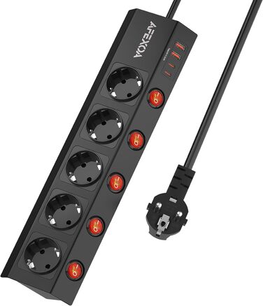 Многорозеткова смуга з 5 розетками та USB, біла, 3680W/16A, з USB-C та USB-A, швидка зарядка, захист від перенапруги, дитячий замок, для дому та офісу