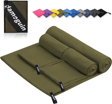 Набір з 3 рушників з мікрофібри: великий (180x80 см) та 2 маленькі (80x40 см). Швидковисихаючі рушники з мікрофібри для спорту, пляжу, ванни та подорожей (армійний зелений)