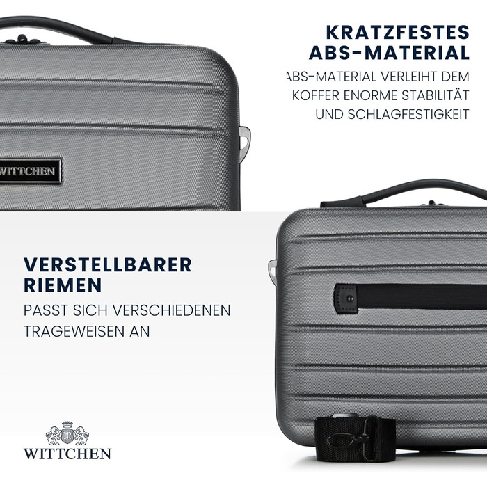 Валіза на колесах WITTCHEN Globe Line S з ABS-пластику, 4 колеса, кодовий замок, телескопічна ручка. Підходить для ручної поклажі Lufthansa, Eurowings, Ryanair, Condor, Discover Airlines. Колір: сірий.