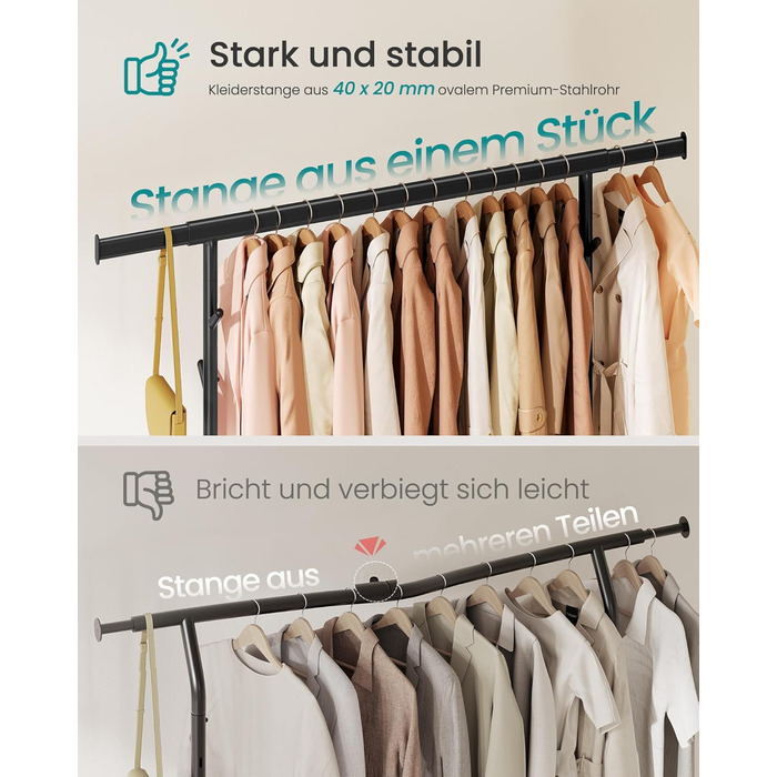 SONGMICS Стійка для одягу на коліщатках, важка, з висувними штангами, регульована висота, з полицею та гачками (HSR015B01, Чорний)