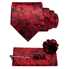 Краватка чоловіча JEMYGINS з нагрудним хустиною, краваткотримачем, брошшю та застібками на манжетах, квітковий принт, червона