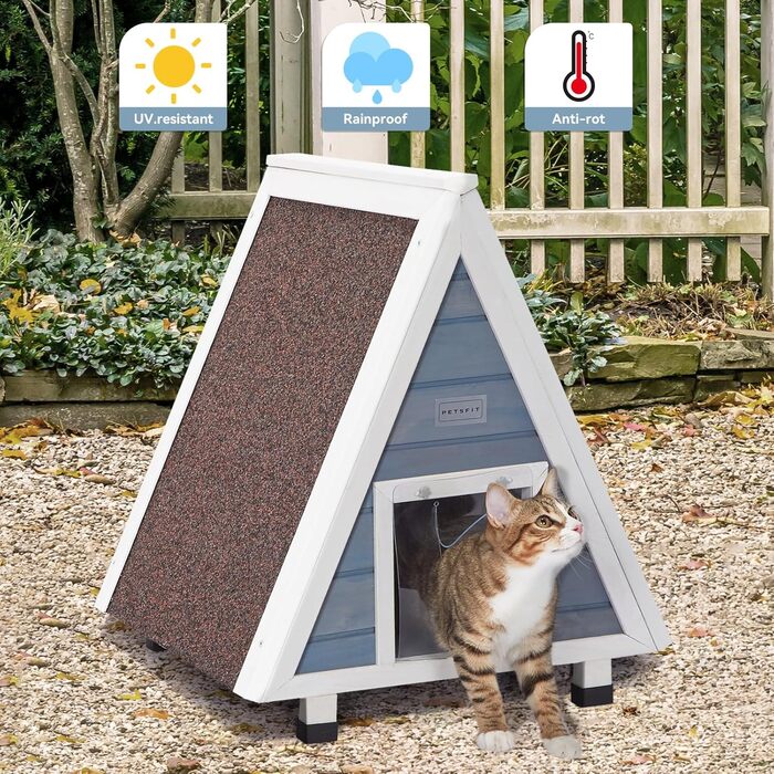 Вуличний будиночок для котів Petsfit з евакуаційними дверима, дерев'яний, водостійкий, сірої фарби, із ялинового дерева
