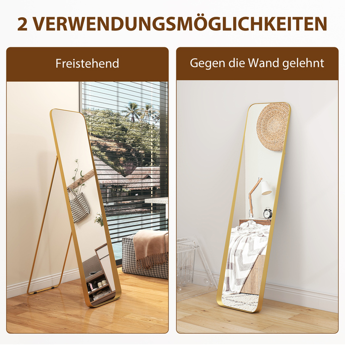 HOMCOM Full-Length Mirror 160 x 40 cm Slim Standing Mirror with Metal Frame and Shatter-Resistant Glass, Wall Mirror for Standing, Leaning, Mirror for Living Room, Bedroom, Hallway, Gold | Aosom