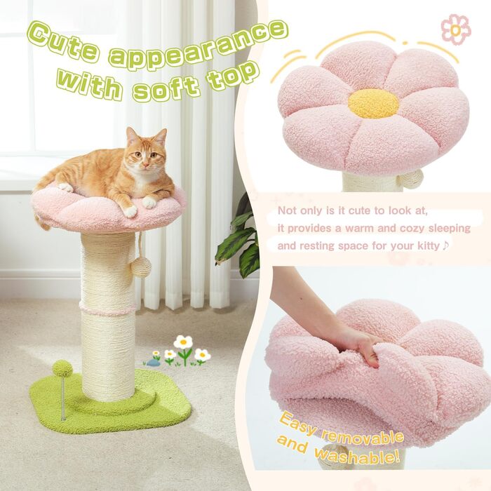 Flower Cat Tree - Small Cat Tree for Indoor Cats with Super Thick Scratching Post [Dia=14cm], Detachable Flower Cat Bed, Feather Ball - Pink