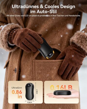 Електричні грілки для рук 6000 mAh, 2 шт. Ultra Light з магнітною двосторонньою системою нагріву, LCD-дисплеєм, 12+ годин, 35°C-55°C, багаторазові для дітей, для гольфу/кемпінгу, чорні