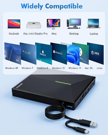 Зовнішній DVD/CD привід ORIGBELIE з 4 USB-портами та 2 слотами для TF/SD карт, USB 3.0, портативний для ноутбука, MacBook, PC (Windows, Linux, Mac OS)