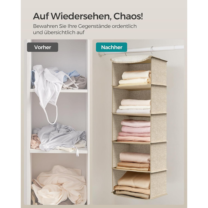 Органайзер для шафи SONGMICS, Hängeorganizer, складний, з металевими гачками та бамбуковими вставками, бежевий, 2 шт.