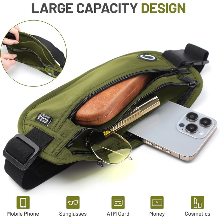 Водонепроникна поясна сумка з RFID захистом та антикрадіжною системою для подорожей та спорту (оливковий)