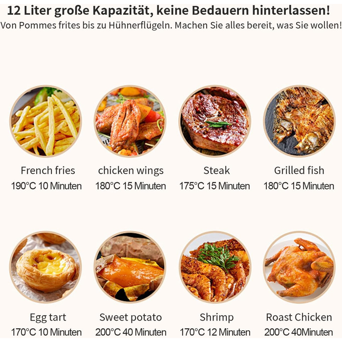 Фритюрниця Chefio HeißluftFritteuse: 12 літрів, 1350W, з вікном, без олії, 10 програм, FD-1015B, сіра