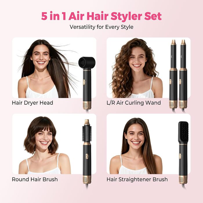 Мультистайлер для волосся 5 в 1 Atopskins Air Styler 1000W: фен-щітка, вирівнювач та плойка для сушіння, завивки та гладкого волосся (Darkschwarz)