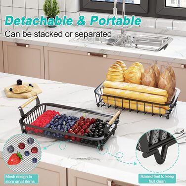 3-Tier Fruit Basket with 2 Banana Hangers for Kitchen Countertop, Vegetable Countertop, Storage Holder, Large Capacity, Metal Wire, Fruit Stand, Organizer for Onion, Snack, Black (Black-2 Tiers (with Banana Hangers))