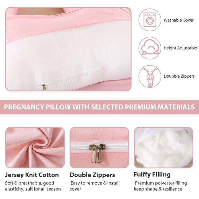 Подушка для вагітних Amagoing U-подібна, 144.8 см, рожева. Знімна чохол з джерсі, для підтримки спини, ніг та стегон.