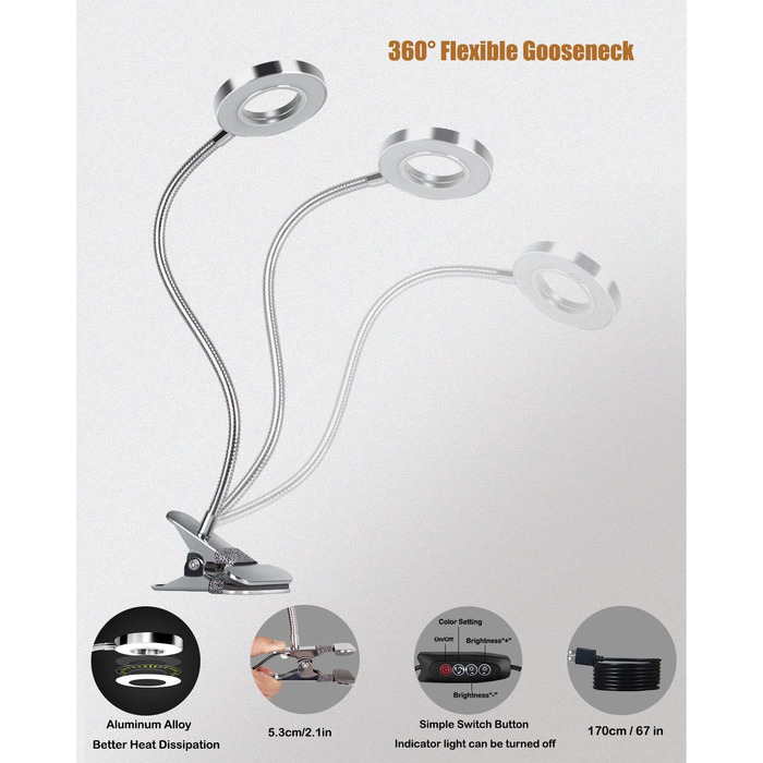 LED лампа для читання з кліпсою, диммер, 3 режими, 10 рівнів яскравості, срібляста, 8W