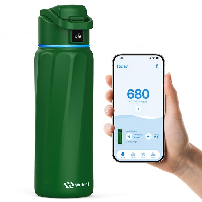 Пляшка для води BOOST Smart з нагадуванням та трекером, 946 мл, нержавіюча сталь, вакуумна ізоляція, зелений смарагд, BPA-Free, широка горловина для школи, спортзалу, офісу, ідеальний подарунок на День Матері