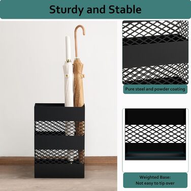 LANDVOI Metal Umbrella Stand - Rectangular, Portable, with Removable Drip Tray - Black