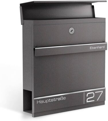 Поштова скринька Metzler Anthrazit RAL 7016 з газетницею та номерним знаком - персоналізована лазерним гравіюванням | Сучасна водонепроникна та стійка до іржі поштова скринька Hermann (Db703)