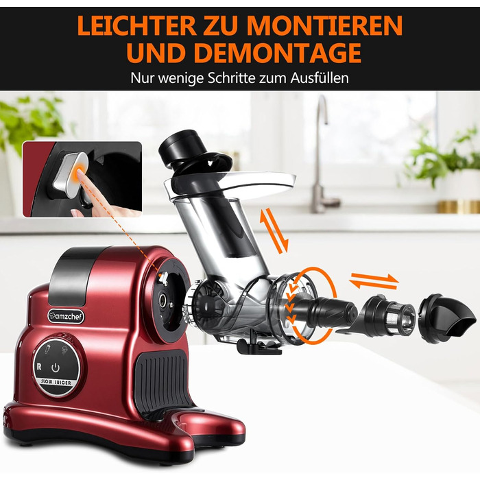 AMZCHEF Juicer with 80mm Large Feed Chute - 150W Juicer Slow Juicer with 2 Speed Modes and Reverse Function - Juicer for Whole Vegetables and Fruits Test Winner - Red Juicer Red