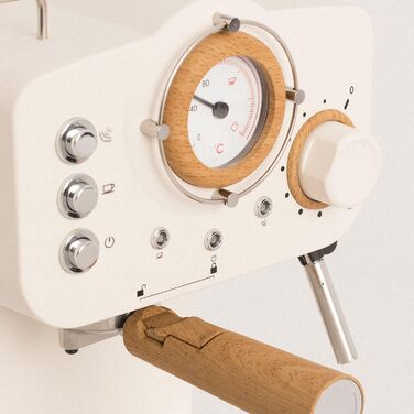 CREATE / THERA MATT RETRO/Espressomaschine Cremeweiß Matt und Holz/Semi-Automatic, with a 15 bar pump and 1100W, 1.25L water tank, for ground coffee, 55 mm. ESE-Pads