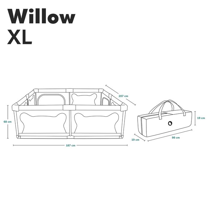 LIONELO WILLOW XL Playpen for Baby, suitable from 0-48 months, large area 187 cm x 207 cm x 68 cm, baby playpen with breathable mesh side panels, 2 side entrances with a zipper.