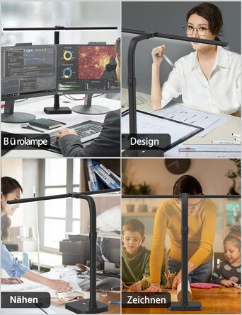 Tantu Adjustable LED Desk Lamp with Dual Heads - 24W, 80cm, 5 Color & 5 Brightness Levels, Gooseneck & Base - Black Office Lamp