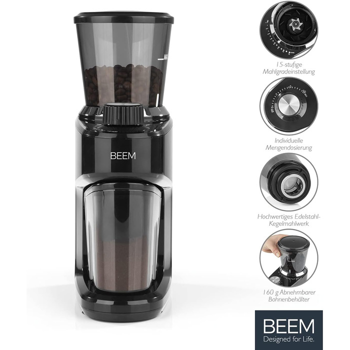 Електрична кавомолка BEEM GRIND-INTENSE 160 г, 15 режимів, конічний сталевий млин, 150 Вт, чорна