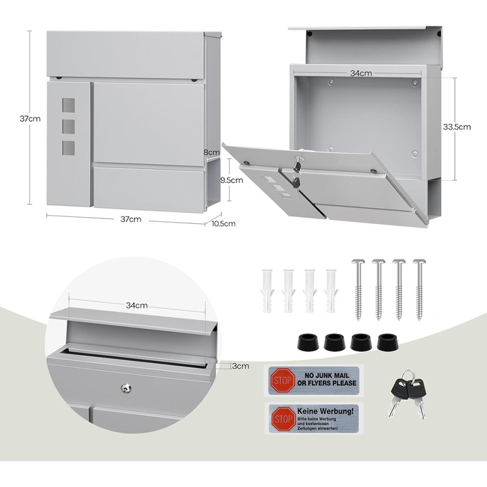 Поштовий ящик WOLTU XXL з відділенням для преси, захистом від реклами, оглядовим вікном, замком (2 ключі), антрацит (сірий) 37x37x10.5 см