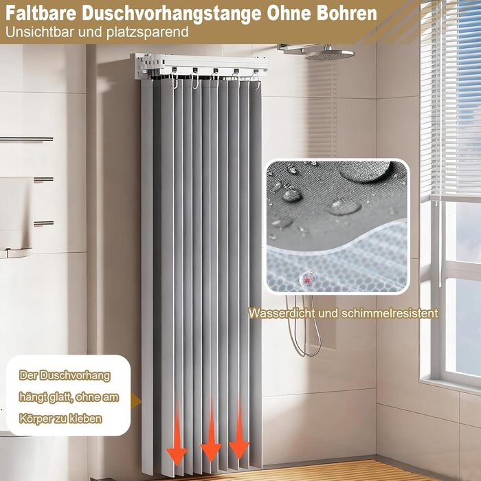 Шторка для душу з розсувною штангою без свердління, 4 секції, обертається, алюмінієвий сплав, водонепроникний антибактеріальний душ-завіса 180x200 см, для ванної кімнати та ванни (білий/сірий)