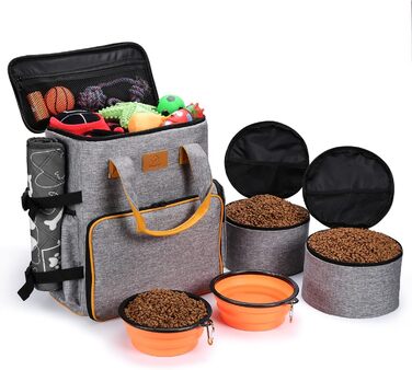 Сумка для собак Ownpets: дорожня сумка з набором аксесуарів (2 контейнери для корму, 2 миски, ремінь) сірого кольору